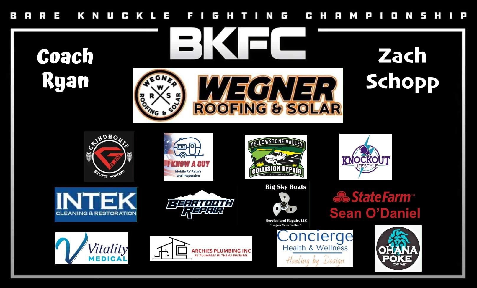 BKFC fight-card banner for Coach Ryan with the sponsor logo wall