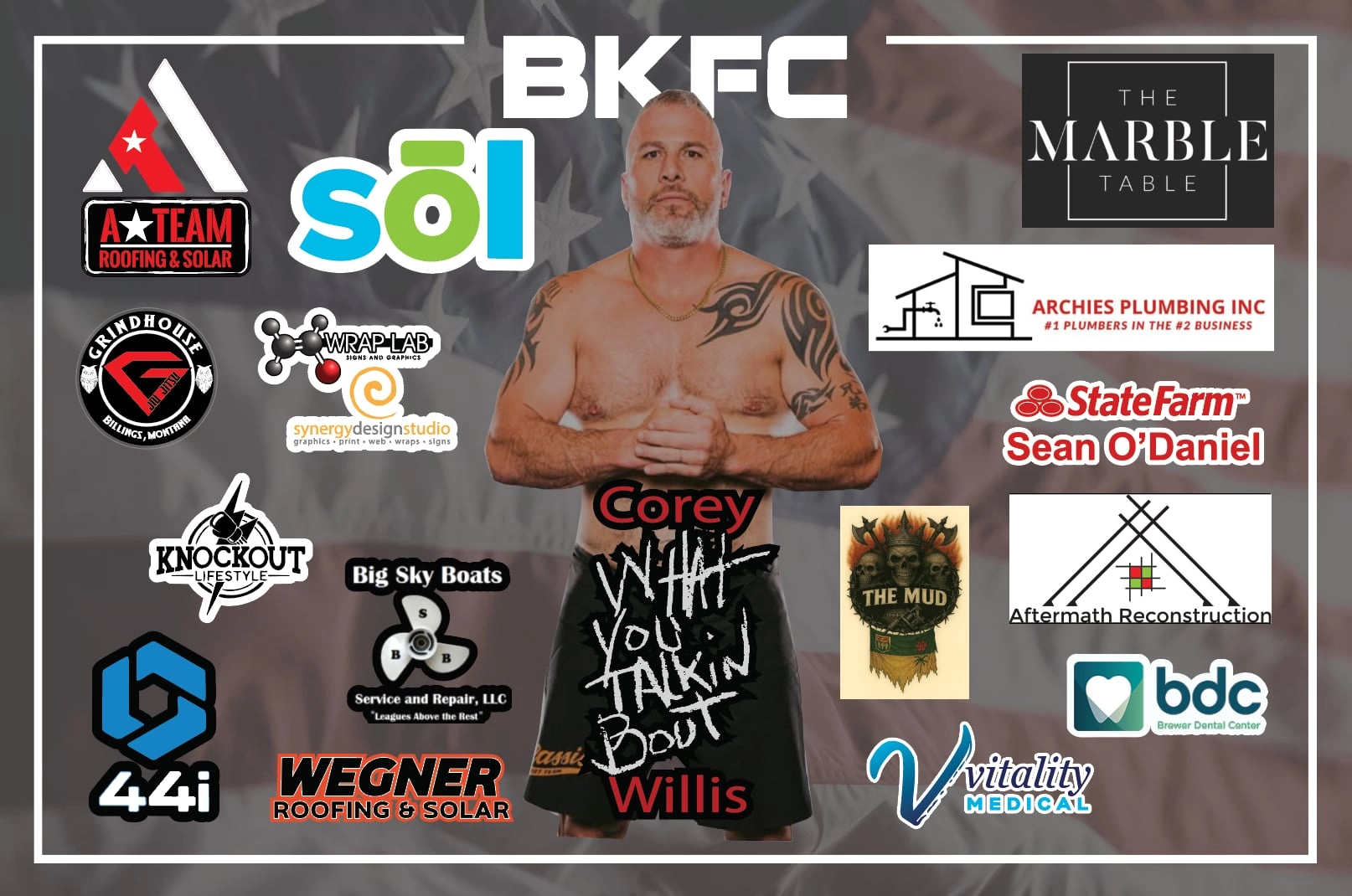Fight banner for Corey Willis surrounded by sponsor logos