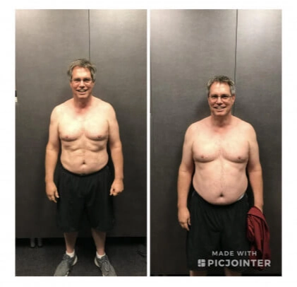 Member before-and-after — front view, visible weight loss