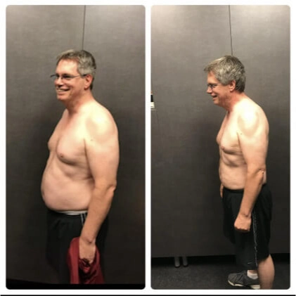 Member before-and-after — standing taller, visibly leaner