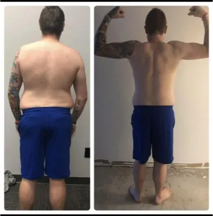 Member before-and-after — back view showing muscle gained