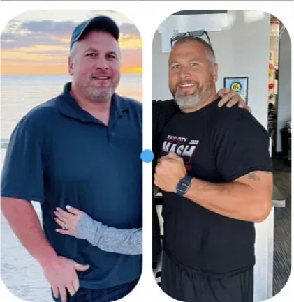 Member before-and-after — visible weight loss from program start to finish
