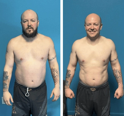 Member before-and-after — shoulders back, visibly stronger
