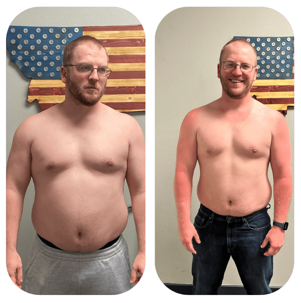 Member before-and-after — dramatic weight loss, side by side