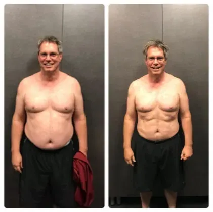 Member before-and-after — smiling at the finish of his program