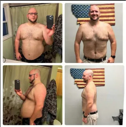 Member before-and-after — four-photo weight loss progress collage